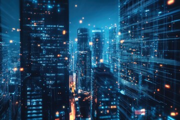 Naklejka premium The digital landscape of a city built on verticality, where each tower reaches for the sky in harmony and innovation.