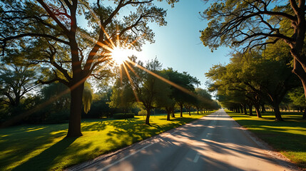 Texture sandstone background of the sun is shining trough tree top with none in place, nature park and long road with nobody