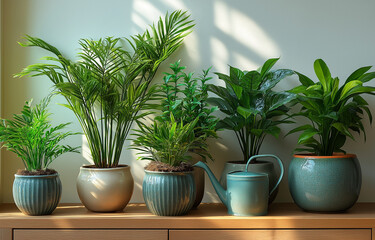 Obraz premium Various indoor plants, including bamboo, on a wooden sideboard against white walls