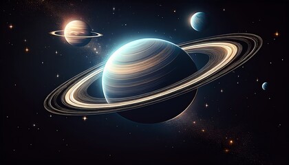 Fototapeta premium A stunning depiction of a cosmic scene featuring Saturn and several surrounding planets, showcasing vibrant colors and a starry backdrop.