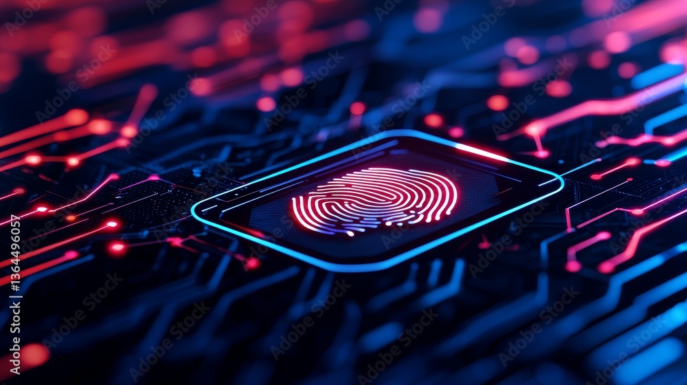 Poster data center and security optimization concept. digital fingerprint on a circuit board with vibrant b