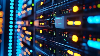 Data center and security optimization concept. Data center with illuminated servers and network connections.