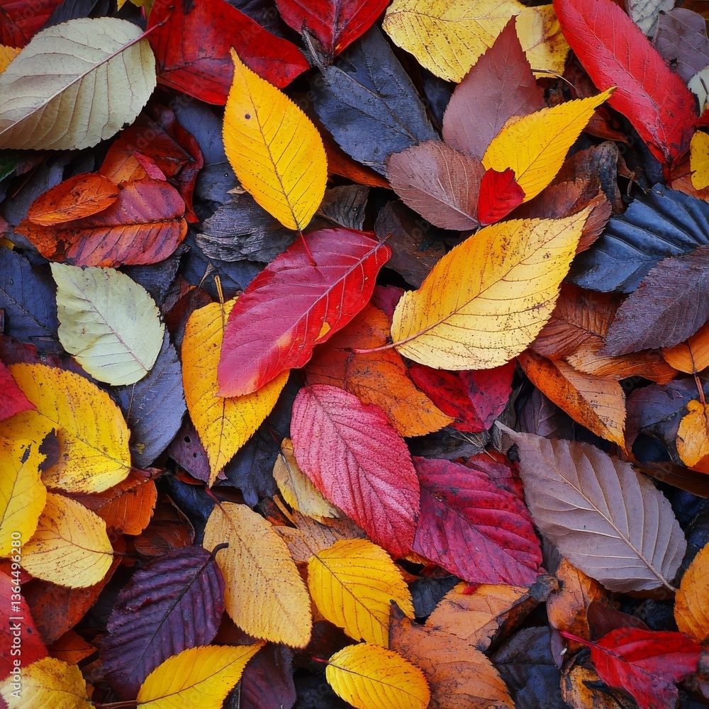 Poster a tapestry of autumn hues: a vibrant close-up of fallen leaves displaying a spectrum of colors in th