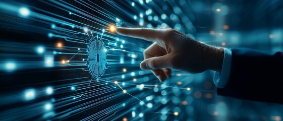 Data center and security optimization concept. Digital hand interacts with a glowing fingerprint in a tech environment.