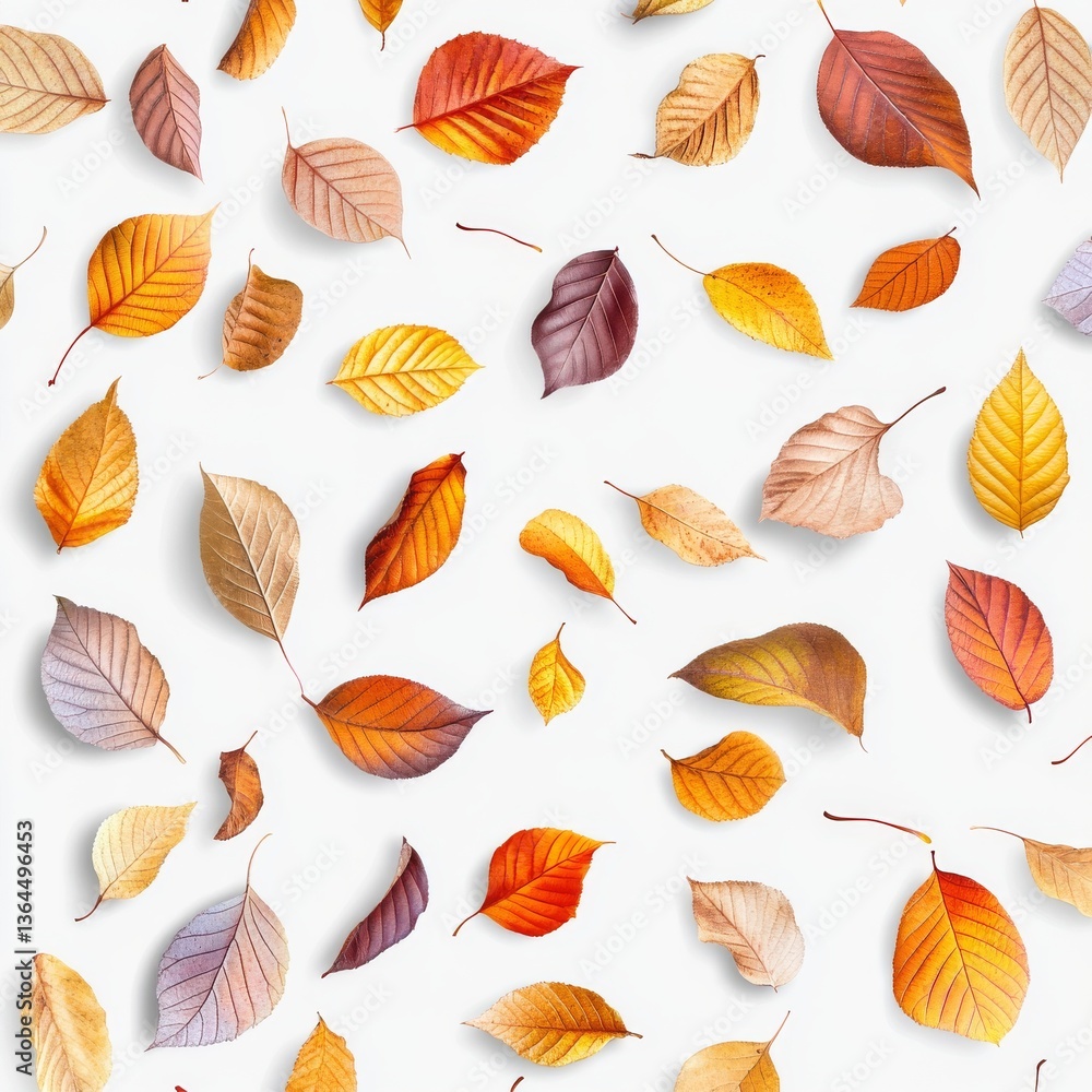 Aufkleber Autumnal Leaf Pattern on White: A Colorful Array of Falling Leaves for Backgrounds and Designs
