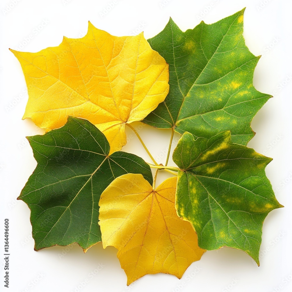 Poster autumnal transition: a colorful composition of changing leaves on a white background