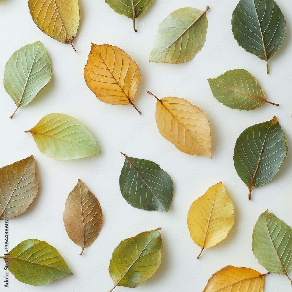 Poster Autumn Leaves Array: A Flat Lay Composition of Deciduous Foliage Displaying Seasonal Color Transitions