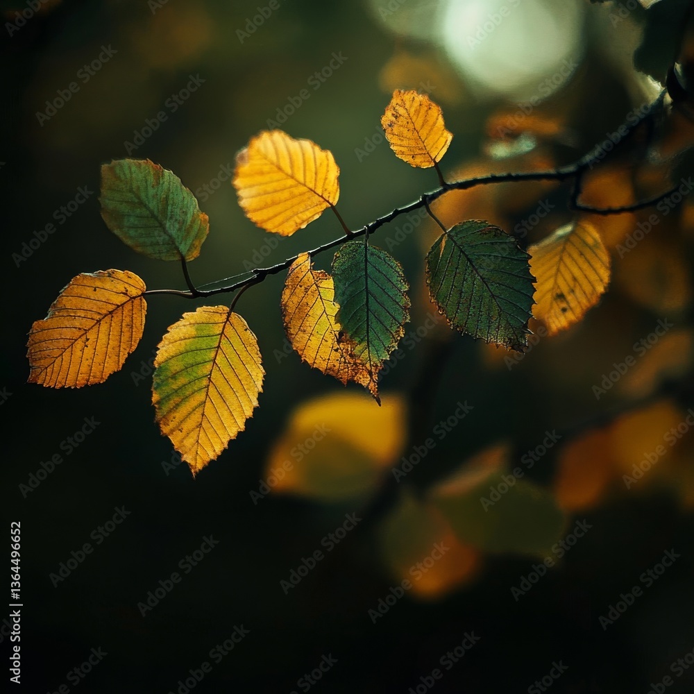 Poster autumn leaves on a branch: a gentle transition to golden hues in a forest setting