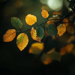 Fototapeta premium Autumn Leaves on a Branch: A Gentle Transition to Golden Hues in a Forest Setting