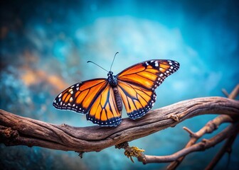 Naklejka premium Orange Monarch Butterfly on Gray Branch, Blue Background - Garden Stock Photo