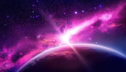 Obraz premium A stunning cosmic scene showcasing a vibrant galaxy with swirling stars and a radiant planet, illuminated by vivid pink and purple hues.
