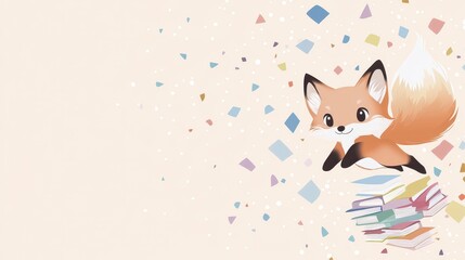 Cute Fox Reading Books with Cartoon Illustration.