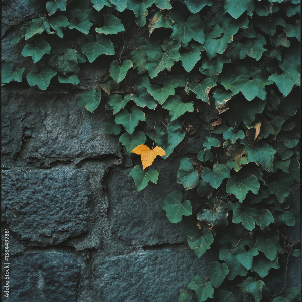 Poster ivy embracing stone: a textured tapestry of nature's greenery with a single gold leaf of autumn