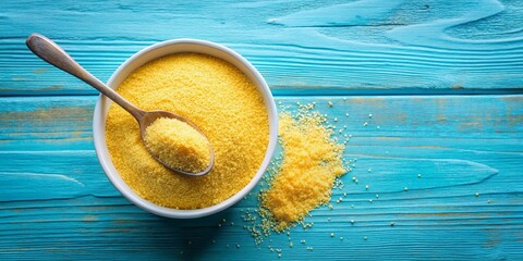 Overhead Panoramic Photo of Coarse Cornmeal in Bowl on Blue Wood