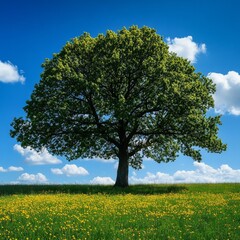 Majestic Oak Tree Standing Tall in a Field of Yellow Dandelions Under a Vibrant Blue Sky with Fluffy White Clouds