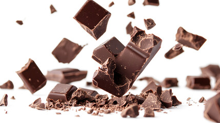 A chocolate bar is broken into pieces and scattered