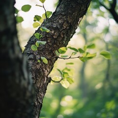Tree Trunk Texture with Sprouts and Bokeh: A Natural Forest Scene in Soft Focus.
