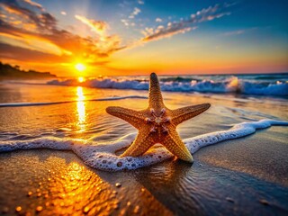 Fototapeta na wymiar Panoramic Close-up of Starfish on Sandy Beach at Sunset