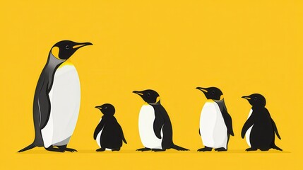 Obraz premium King Penguin Family with Cute Birds, Yellow Background, and Antarctica.