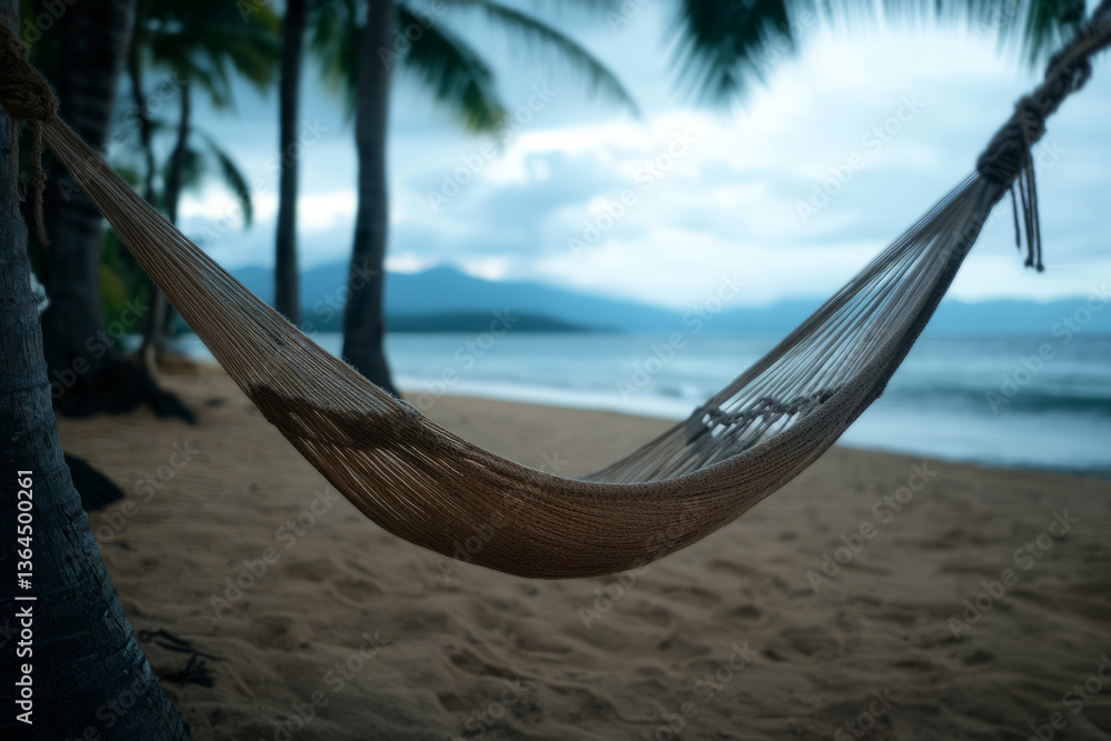 Aufkleber tranquil hammock on tropical beach with palm trees and calm ocean waves in background