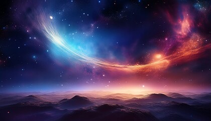 Obraz premium A stunning cosmic landscape featuring vibrant colors, swirling galaxies, and distant mountains under a starry sky.