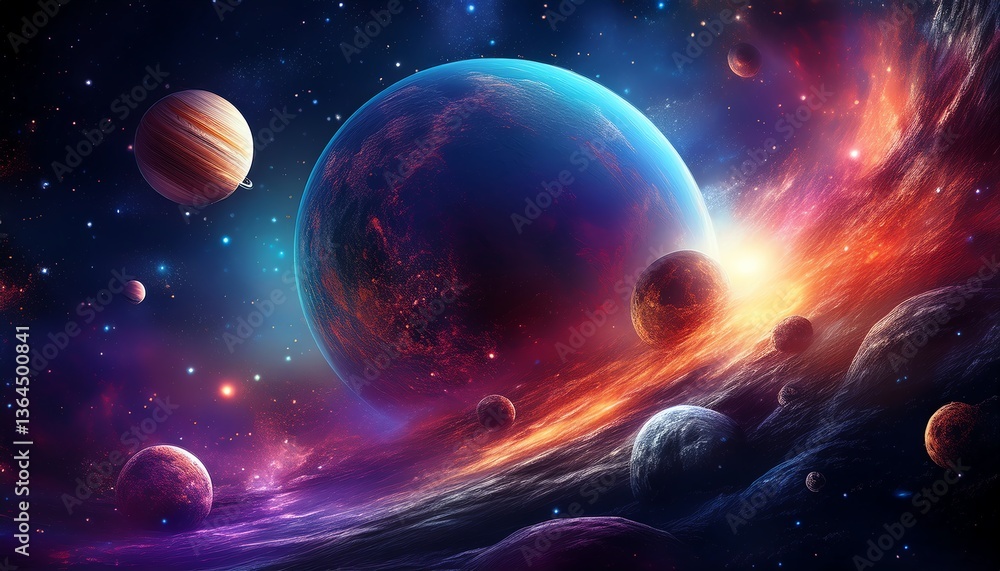 Poster a vibrant cosmic scene showcasing multiple planets surrounded by colorful nebulae and stars in deep 