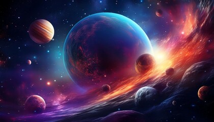 A vibrant cosmic scene showcasing multiple planets surrounded by colorful nebulae and stars in deep space.