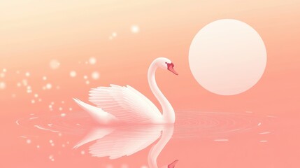 Elegant White Swan Sunset Lake Pastel Art.