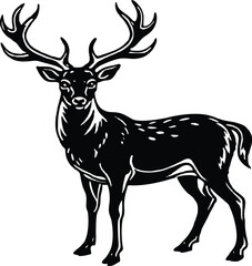 Obraz premium Majestic Deer Silhouette with Large Antlers on White Background