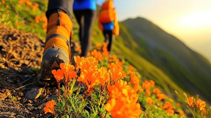 Hikers through wildflowers