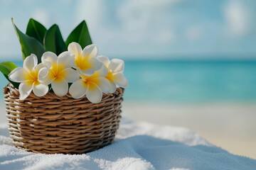 Beautiful White and Yellow Plumeria Flowers in a Woven Basket on a Tropical Beach Background