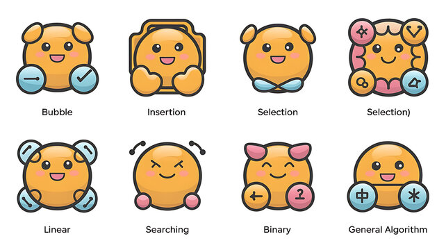 Cute cartoon icons representing sorting algorithms Bubble Insertion Selection Linear Searching Binary and General Algorithm