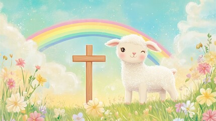 Smiling lamb winking beside wooden cross and rainbow in blooming spring meadow for easter celebration