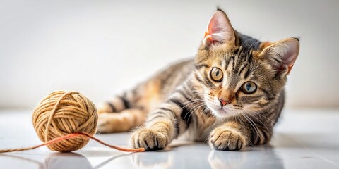 Playful Kitten: Candid Photo of Cat with Yarn Ball, Selective Focus