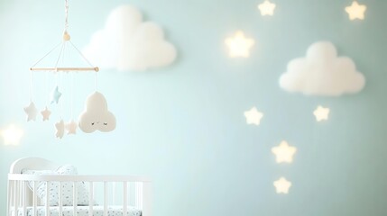 Baby Crib Mobile with Clouds and Stars in a Nursery Room