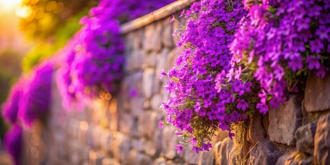 Obraz premium Purple Flowers Cascading Over Stone Wall - Long Exposure Photography