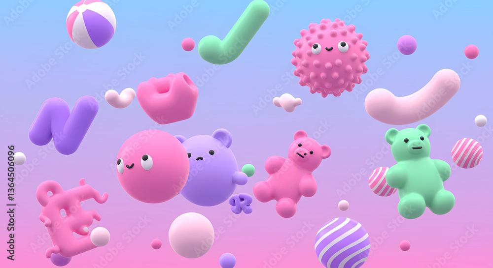 Poster pastel colored objects floating in a gradient background