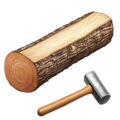 Preparing Firewood Log with Hammer for Splitting on White and Transparent Background, DIY, Tools and Construction Concept