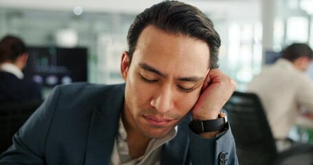 Business, tired and man in office, sleeping and exhausted with low energy, overworked and investment. People, employees and consultant in workplace, financial advisor and fatigue with burnout