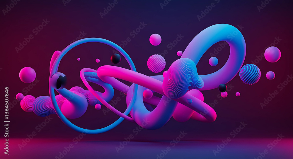 Poster abstract shapes with pink and blue gradient rendering
