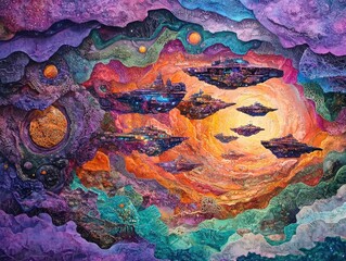 A fleet of ships exploring the vast ocean under a vibrant sunset sky, ready for adventure and discovery.