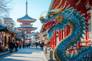 Fototapeta premium temple and city with a dragon dance
