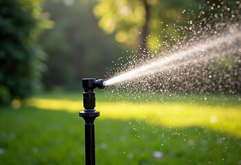 Frozen Motion: Sprinkler Watering a Lush Garden at 1/2000s - Side Lighting Captures Water Droplets Suspended in Time & Creates a Dynamic Garden Scene


