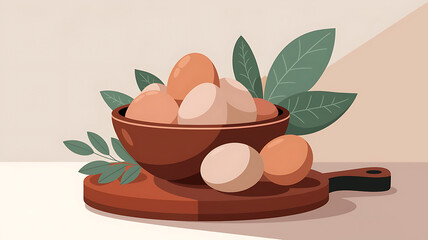 Rustic eggs in a terracotta bowl on a wooden board Flat lay food still life