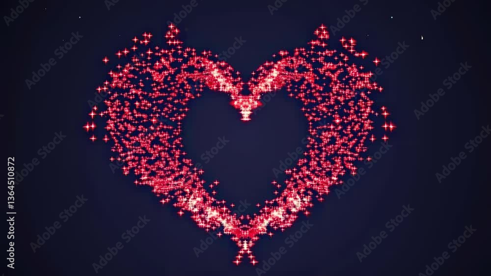 Poster a video still of a heart shape formed by sparkling red particles on a dark background. the camera an