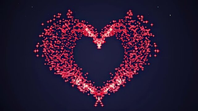 A video still of a heart shape formed by sparkling red particles on a dark background. The camera angle is straight-on, creating a symmetrical view. Live desktop wallpaper.