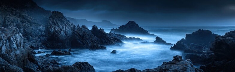 Obraz premium Dramatic Rocky Coastline of Portugal with Moody Blue Sea and Misty Waves