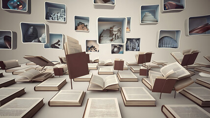 Floating books and exhibits a conceptual library