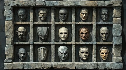A Collection of Intriguing Sculpted Faces in a Stone Frame