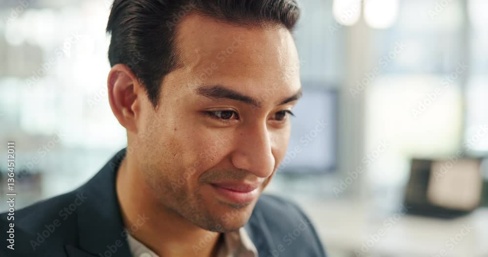 Poster Thinking, smile and business man with solution in office, reflection or evaluation. Idea, planning and worker problem solving, vision or mindset for brainstorming with insight for decision or thought